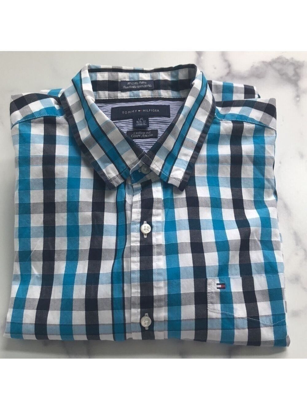 Tommy Hilfiger Blue Checked Long Sleeve Button Front Custom Fit Shirt L